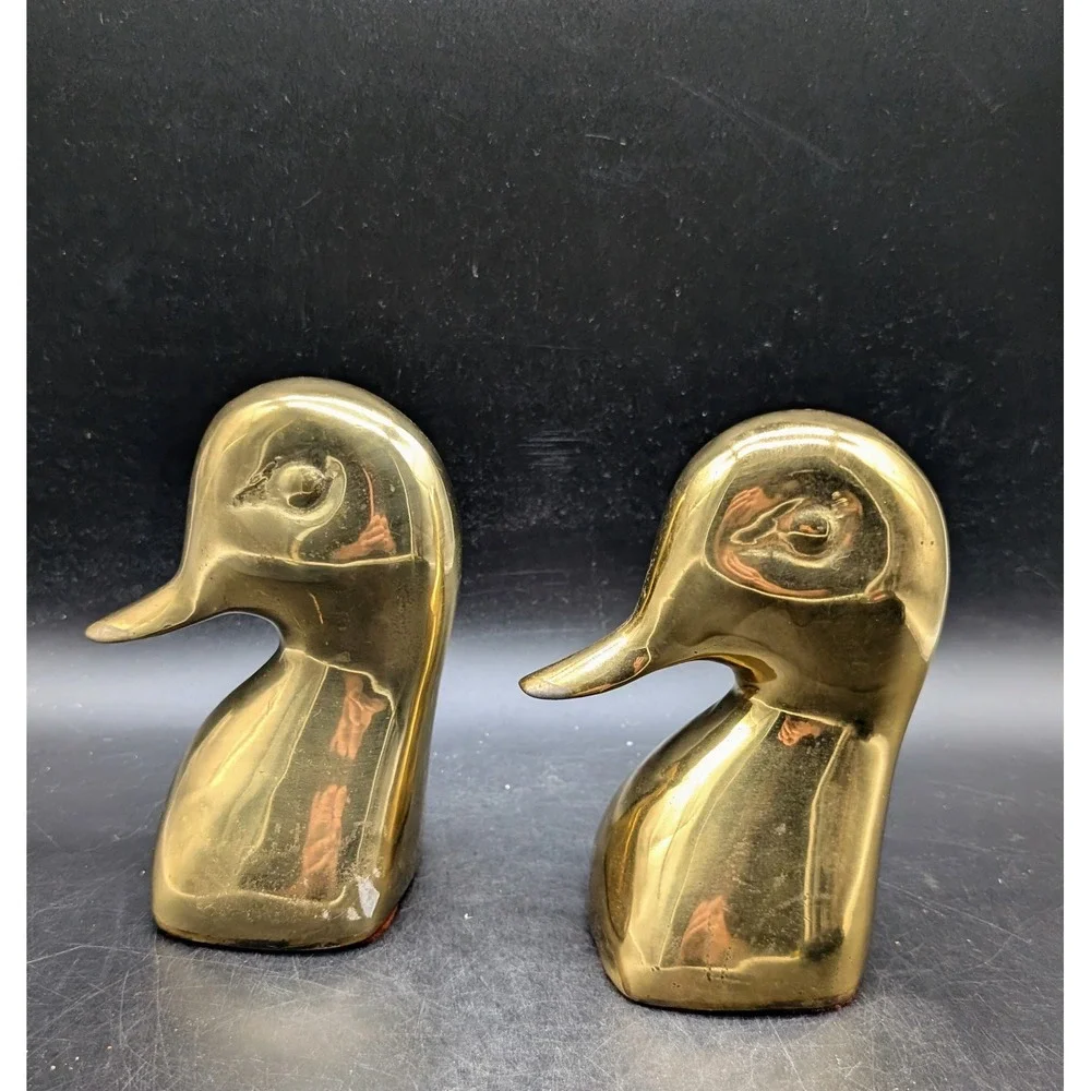 Vintage Solid Brass Duck Head Bookends Set Polished Gold Tone Mid Century Decor